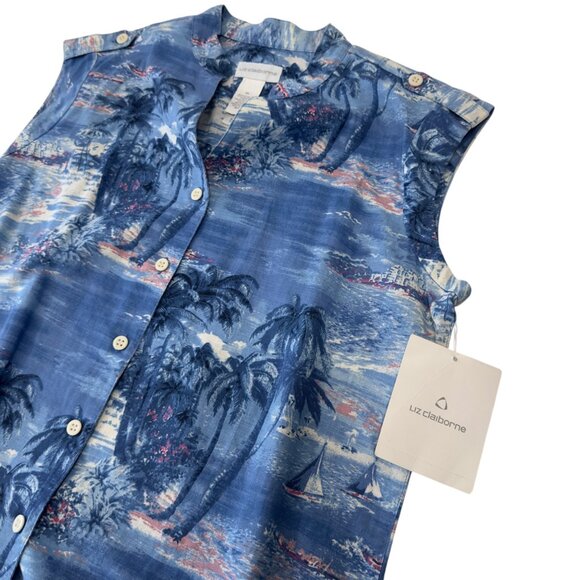 Liz Claiborne Women SZ M Sleeveless Collared Blue Hawaiian Print Blouse - Picture 10 of 10